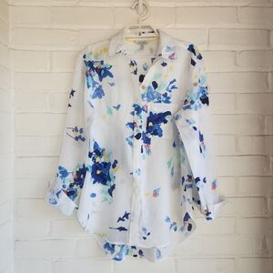 Joules Women's Top Button Front Long Line White Floral Flax Size 2